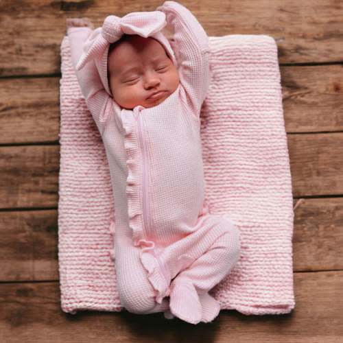 Organic Waffle Ruffle Zip Footie, Blush