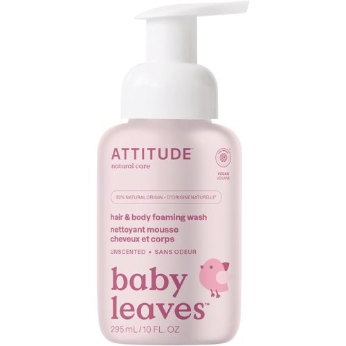 ATTITUDE 2-in-1 Hair and Body Foaming Baby Wash, Made in Canada, EWG Verified Shampoo Soap, Dermatologically Tested, Made with Naturally Derived Ingredients, Vegan, Unscented, 295 mL