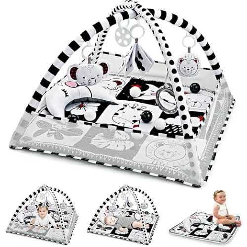 Baby Play Mat 8-in-1, Tummy Time Mat Black and White with Sensory Toys for Babies and Tummy Time Pillow Baby Play Gym Activity Mat for Newborn Infant Baby Play Mat for Floor Easy to Install