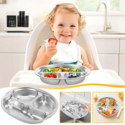 Kids Divided Plates, Stainless Steel Compartment Meal Tray, Car-Shaped Toddler Dish Sections, Baby Food Safe Non-Toxic, Lightweight Outdoor Picnic Dinnerware
