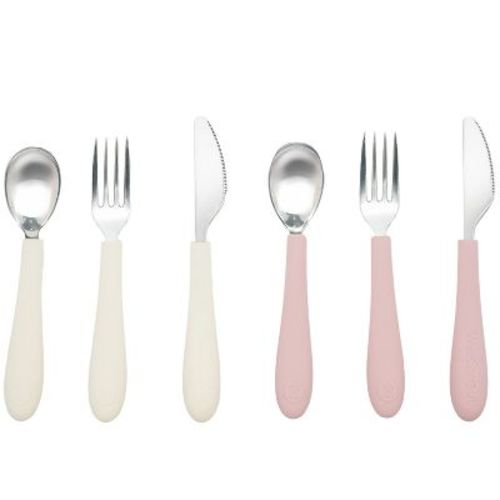 Weesprout Kids Stainless Steel Utensils Set - Premium 18/8 Grade Silverware Kit - 2 Spoons, 2 Forks, 2 Knives - Matte Pink, Off White