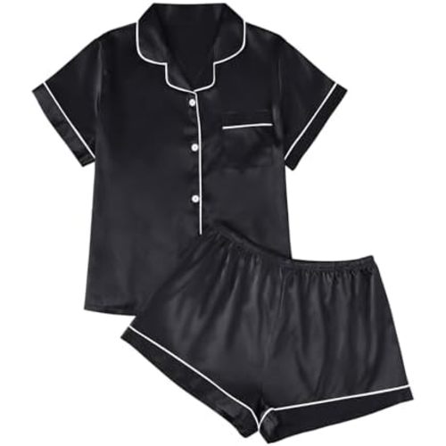 AUTOMET Women Silk Satin Summer Pajama Set Matching Lounge Pjs Soft 2 Piece Suit Ladies Button Down Tops and Shorts