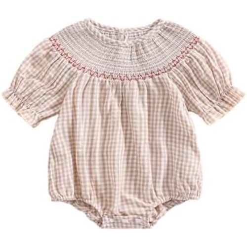 Infant Baby Girl Plaid Bubble Romper Clothes Daisy Embroidery Short Sleeve Smocked Bodysuit Summer Outfit