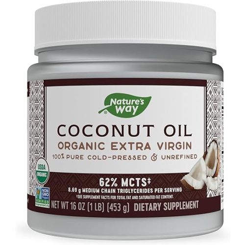 Nature's Way Organic Extra Virgin Coconut Oil, Pure and Unrefined, 62% MCTs, 16 Oz