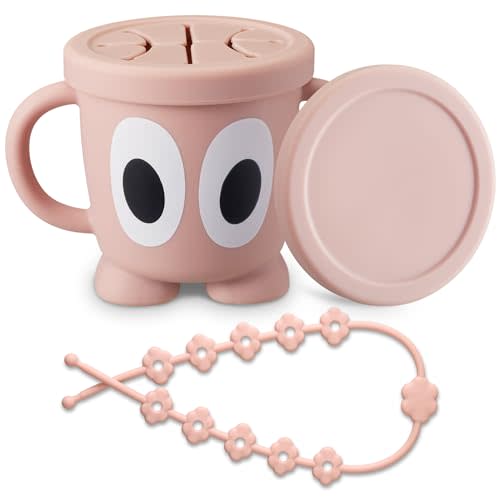 Jkevow Silicone Snack Cups Food Container for Toddlers and Babies, Spill Proof Training Cup with Snack Cup Lid & Dust Proof Lid, Comes with a toy strap, Without BPA, Lead, or Phthalates (Pink)