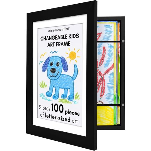 Americanflat Kids Artwork Frame Changeable (Black) - Magnetic Door Holds 100 Art Pieces - 8.5x11 Letter Size Display with Mat or 10x12.5 Without Mat - My Mini Masterpiece