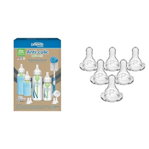 Dr. Brown's Natural Flow® Anti-Colic Options+™ Narrow Glass Baby Bottle Starter Set & Natural Flow Preemie Flow Narrow Baby Bottle Silicone Nipple - Clear - Baby Bottle + Bottle Silicone Nipple