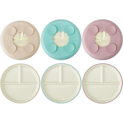 PandaEar 3 Pack Porcelain Toddler Plates with Silicone Sleeves | 7.8" Divided Kids Plates | Microwave & Dishwasher Safe | Non-Slip, BPA-Free (Beige/Mint/Pink)