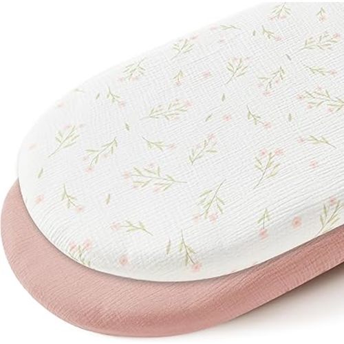 JELLYMONI 2-Pack Muslin Bassinet Sheets for Girls Boys, 100% Cotton Bassinet Mattress Sheets Soft Breathable Universal Fit for Baby Bassinets, Moses Basket, Hourglass Oval and Rectangle Mattress