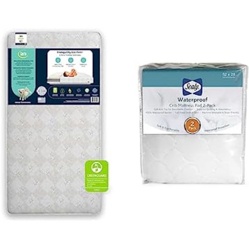 Delta Children Serta Tranquility Eco Firm 2-Stage 6" Premium Baby Crib Mattress & Toddler Mattress - Waterproof & Sealy 2-Pack Waterproof Fitted Toddler Bed and Baby Crib Mattress Pad Cover Protector