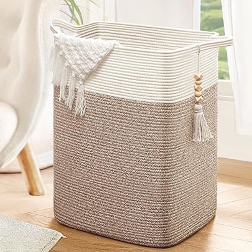 Goodpick Laundry Basket Laundry Hamper, Blanket Basket for Living Room Clothes Hamper for Laundry Room, Tall Basket, Woven Laundry Basket, Storage Basket for Toys, Towels, 16x13x22in, Jute