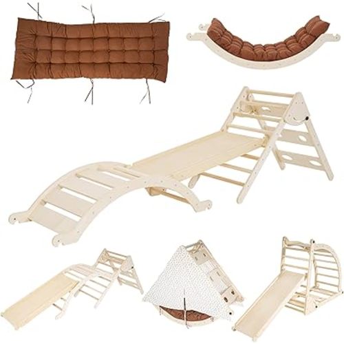 Foldable Toddler Climbing Toys Indoor Jungle Gym, Pikler Triangle Set with Cushion, Slide, Arch and Triangle Canvas, 8-in-1 Montessori Climbing Set