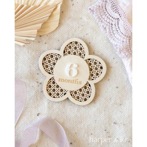 Wooden Flower Lattice Milestone Cards | Custom Name Set | Monthly Milestone Marker | Interchangeable Milestone Cards | Boho Rattan Decor