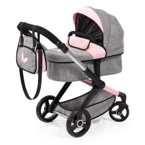 Bayer Design Dolls: Pram Xeo: Butterfly Grey & Pink - Matching Handbag, Adjustable Handle, For Dolls Up To 20", Ages 3+