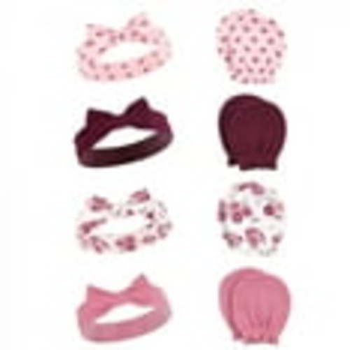 Hudson Baby Infant Girl Cotton Headband and Scratch Mitten Set, Rose, 0-6 Months