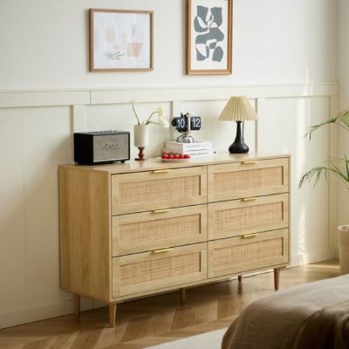 Angel Sar 51" Rattan 6 Drawer Dresser for Bedroom, Boho Wood Dresser with Gold Handles & Wood Legs