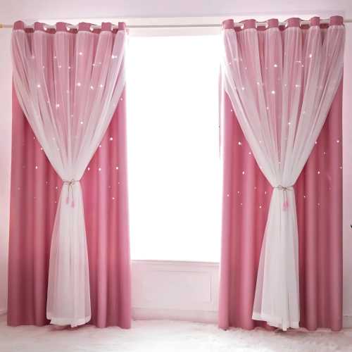 Pink Star Cutout Blackout Curtains for Girls Bedroom | White Sheer Panel | Pastel Nursery Window Drapes | Cute Kids Room Decor
