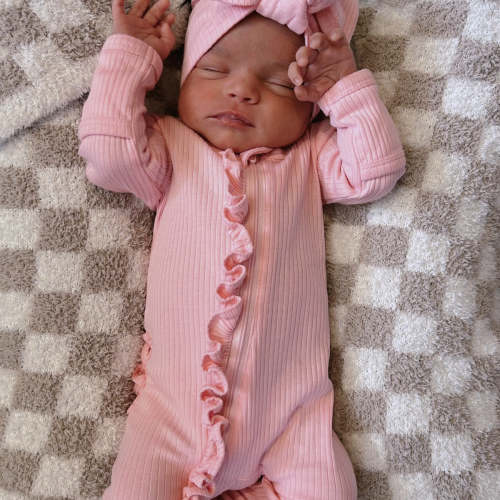 Pink / Organic Ribbed Frill Zip Footie
