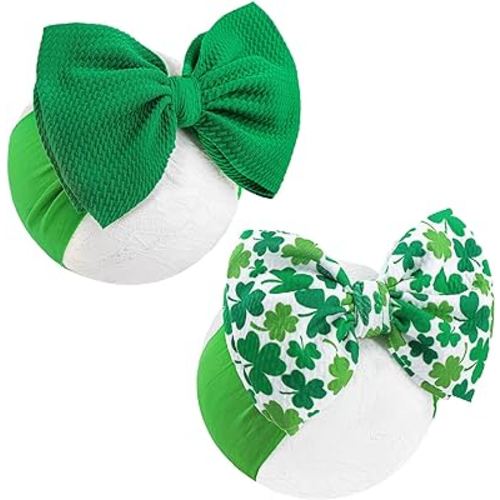 HAIRBAND, St.Patrick's Day Hair Accessories for Infant Baby Girls, Green Headbands with Bows, Shamrock Print, Nylon Hairbands, 2 Count