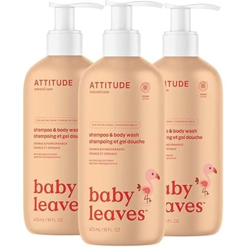 ATTITUDE 2-in-1 Shampoo and Body Wash for Baby, EWG Verified, Dermatologically Tested, Vegan, Orange and Pomegranate, 473 mL (Pack of 3)