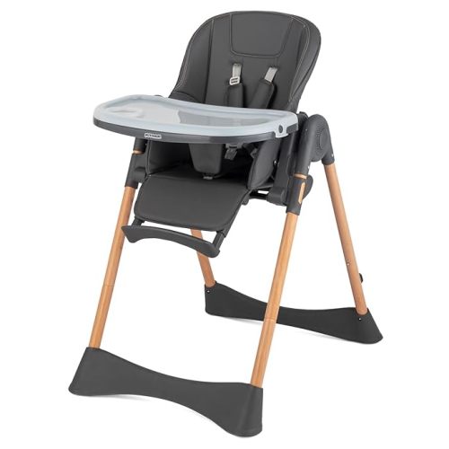 JOYMOR 4 in 1 Folding Baby High Chair for Babies to Toddlers, Infant Eating Foldable Highchair w/Leather Seat Cushion, 4-Position Removeable & Adjustable Tray, 5-Point Harness - Classic Slate