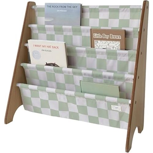 3 Sprouts Recycled Fabric Kids Bookshelf – 4-Tier Sling Book Rack Organizer - Nursery Room Playroom Classroom Wooden Book Shelves - Kid Bookcase Wood Storage Shelf for Toddler Age 3+ - Checkered Green