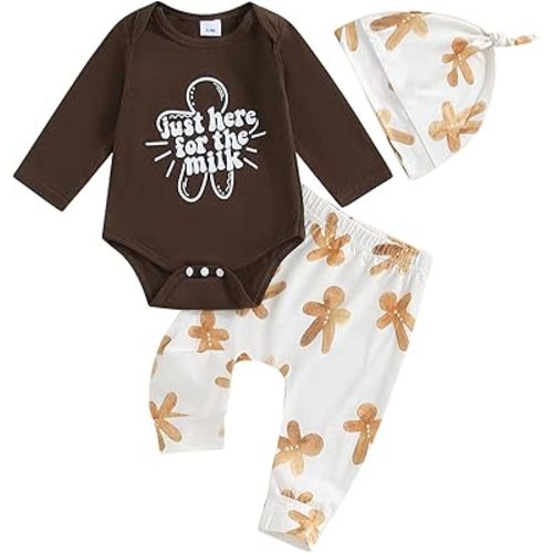 Newborn Baby Boy Christmas Outfit Just Here for The Milk Romper Stripe/Gingerbread Man Pants Set Hat Xmas Clothes