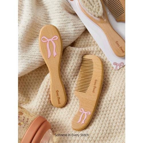 Cozy Pixies Baby Care Tools Two-Piece Set Soft Hair Comb Brush, Wool Bow Wooden Comb Brush, Gently Remove Hair Tangles, Newborn Comb Brush