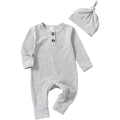 Infant Boys Girls Clothes Set Newborn Baby Romper Hat Ribbed Knit Long Sleeve Button Solid Bodysuit Jumpsuit