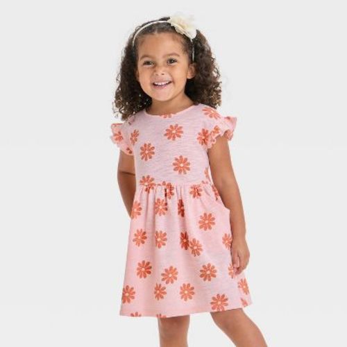 Toddler Girls' Daisy Dress - Cat & Jack™ Light Peach 2t: Cotton Floral A-line, Ruffle Short Sleeve, Crew Neck, Front Pocket