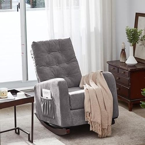 Nursery Rocking Chair, Oversized Dutch Velvet Nursery Glider Rocker with Solid Wood Base and Side Pocket, Comfy High Back Armchair Single Sofa Chair for Living Room, Bedroom, Office Antique Gray