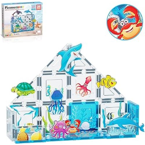 PicassoTiles 26pcs Magnetic Tiles Magnet Tile Building Blocks Marine Animal World Themed Set with 8 Ocean Character Action Figures STEM Learning Toy Construction Toddlers Boys Girls Ages 3+ PTQ25