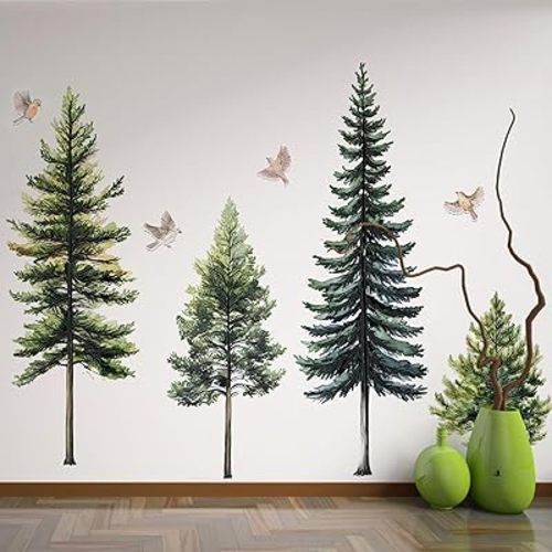46.8" Green Pine Tree Wall Decals Large Forest Tree Wall Stickers 4 Sheets Peel and Stick Bird Wall Decal for Living Room Bedroom Nursery Kids Room Christmas Decor (Green Pine Trees)