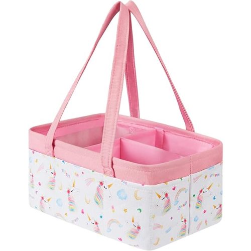 WERNNSAI Unicorn Diaper Caddy - Collapsible Nursery Organizer for Girls Kids Large Pink Basket Storage for Changing Table Car Travel Living Room Newborn Essentials Must Have Dots