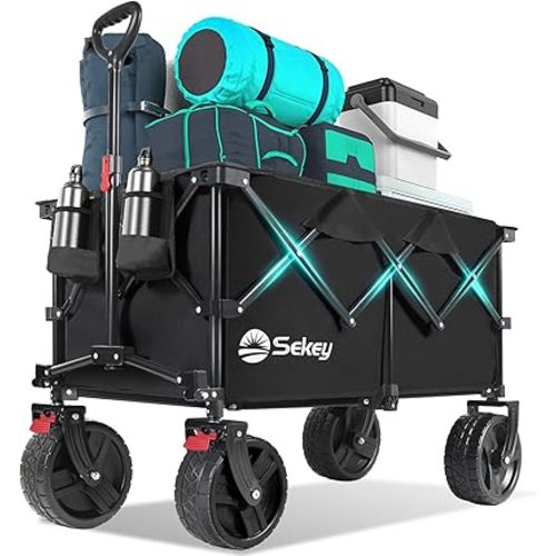 Collapsible Wagon Cart with Big All-Terrain Beach Wheels, Foldable Heavy Duty Wagons with Cup Holders, Utility Carts for Camping, Garden, Outdoor, Grocery, Sports. Black