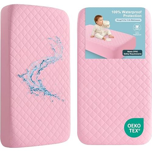 BEDSUM 2-Pack Waterproof Mini Crib Mattress Protector, 24"x38",Pink