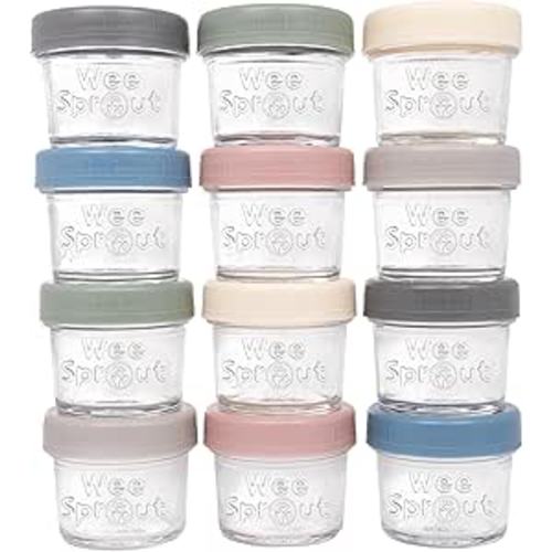 WeeSprout Glass Baby Food Storage Jars w/ Lids (4 oz, 12 Pack Set) Snack, Puree, Reusable Small Containers, Breast Milk, Fridge or Freezer, Microwave & Dishwasher Safe, Essential Must Have for Infants