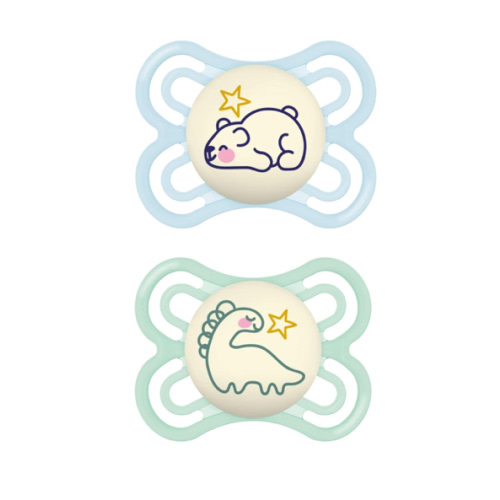 MAM Perfect Night Baby Pacifier, Patented Nipple, Glows in The Dark, 2 Pack, 0-6 Months, Boy