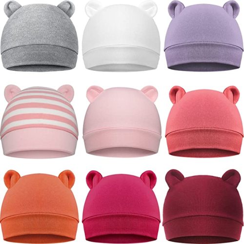 Geyoga 9 Pieces Newborn Baby Hat Bear Ears Infant Caps Baby Boy Girl Toddler Hats Beanie Caps, 2 Ears - Stylish Colors