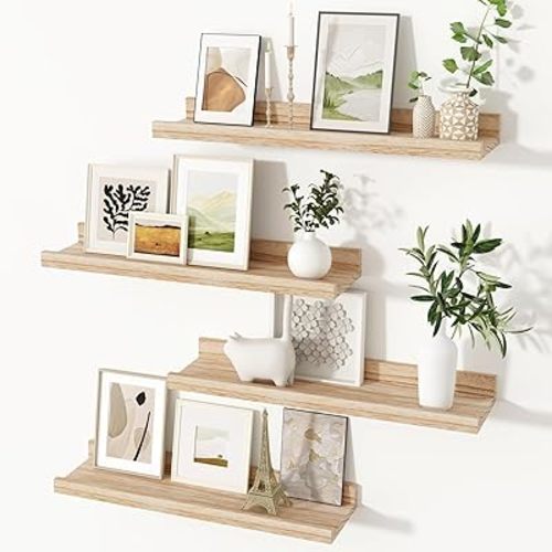 Fun Memories Picture Ledge Shelves 24 Inches Long, Rustic Wooden Floating Shelves with Lip Set of 4, Nursery Book Shelf for Kids Room, Farmhouse Wall Shelf for Living Room, Bedroom