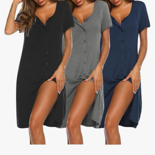 Ekouaer 3 Pack Women's Button Down Nightgowns Short Sleeve Night Shirts for Women Sleepwear V Neck Sleep Dress