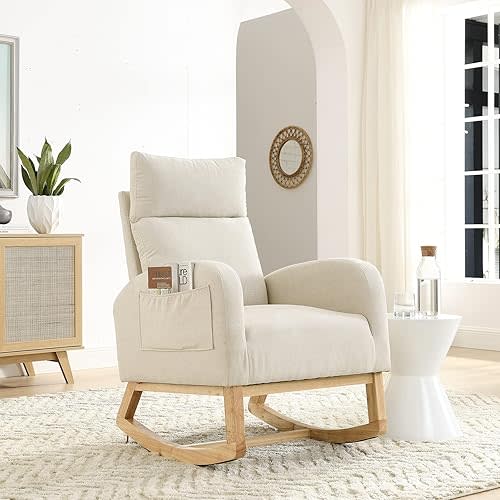 Nursery Rocking Glider Chair, Modern Fabric Tall Back Accent Rocker Chair Upholstered Arm Chair w/Side Pockets, Modern Leisure Single Sofa for Living Room, Hotel, Bedroom, Office, Beige