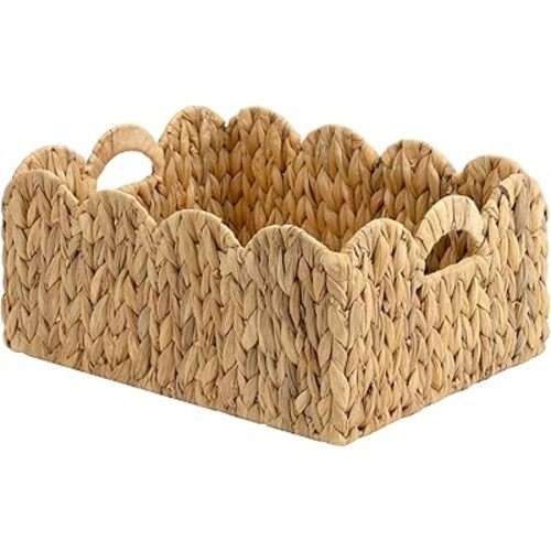 StorageWorks Scalloped Water Hyacinth Baskets, Hand-woven Rattan Baskets with Built-in Handles, Cute Baby Basket for Nursery, Basket for Organizing and Decor, 16½"L x 13"W x 7½"H