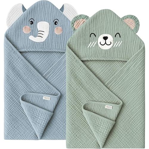 Konssy 2-Pack Muslin Baby Hooded Towels, 100% Cotton, Soft and Absorbent Baby Bath Towels for Newborn, Infant & Toddler with Animal Hooded Design(Elephant & Bear)