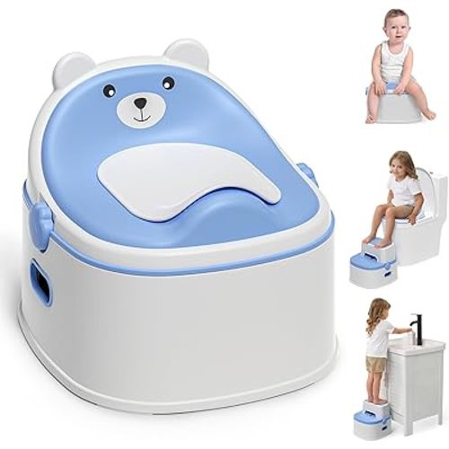 3-in-1 Potty Training Toilet, Portable Potty, Potty Training Seat and Toddler Step Stool, Easy Setup and Clean, Anti-Slip Toddler Potty Trainer for Boy Girl,Blue