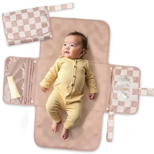 Tiny Twinkle Portable Diaper Changing Pad-Foldable Waterproof Changing Mat&Portable Changing Pad for Travel,Baby Changing Station with Smart Wipes Pocket&Storage (Beige Checkers)