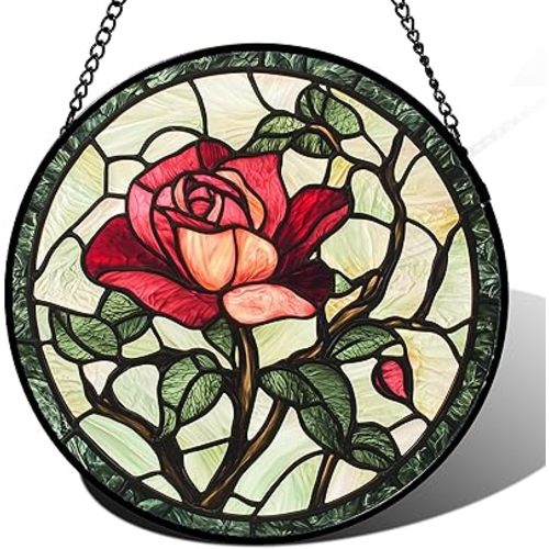 Stained Glass Window Hanging, Red Rose Flowers Sun Catcher for Door Garden Home Decor Suncatcher Christmas Mother's Day Birthday Gifts for Women Lovers Men Wife Girlfriend Mom Nana 9.8 in