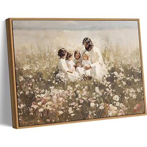 Framed Jesus With Children Wall Art Christian Kids Room Poster Print Jesus Teaching Children Wall Decor Picture for Living Room Bedroom Prayer Room Decoration Ready To Hang
