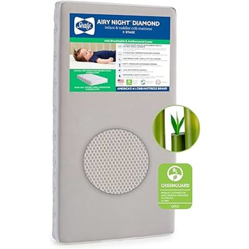 Sealy Baby Airy Night Breathable Hypoallergenic 2-Stage Dual Firm Crib Mattress, 2-Sided Mesh and Antibacterial Baby Crib Mattress & Toddler Bed Mattress, Sustainable, Certified, Made in USA, 52"X28"