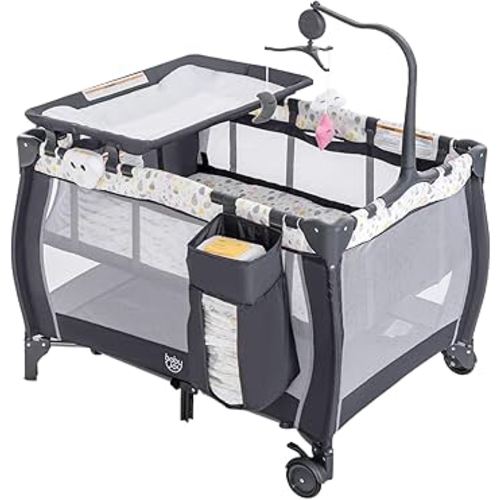 Costzon 3 in 1 Pack and Play with Bassinet, Portable Baby Playard with Changing Table, Music Box, Whirling Toys, Wheels/Brake, Basket, Bag, Foldable Infant Bassinet for Baby Toddlers Indoor Outdoor